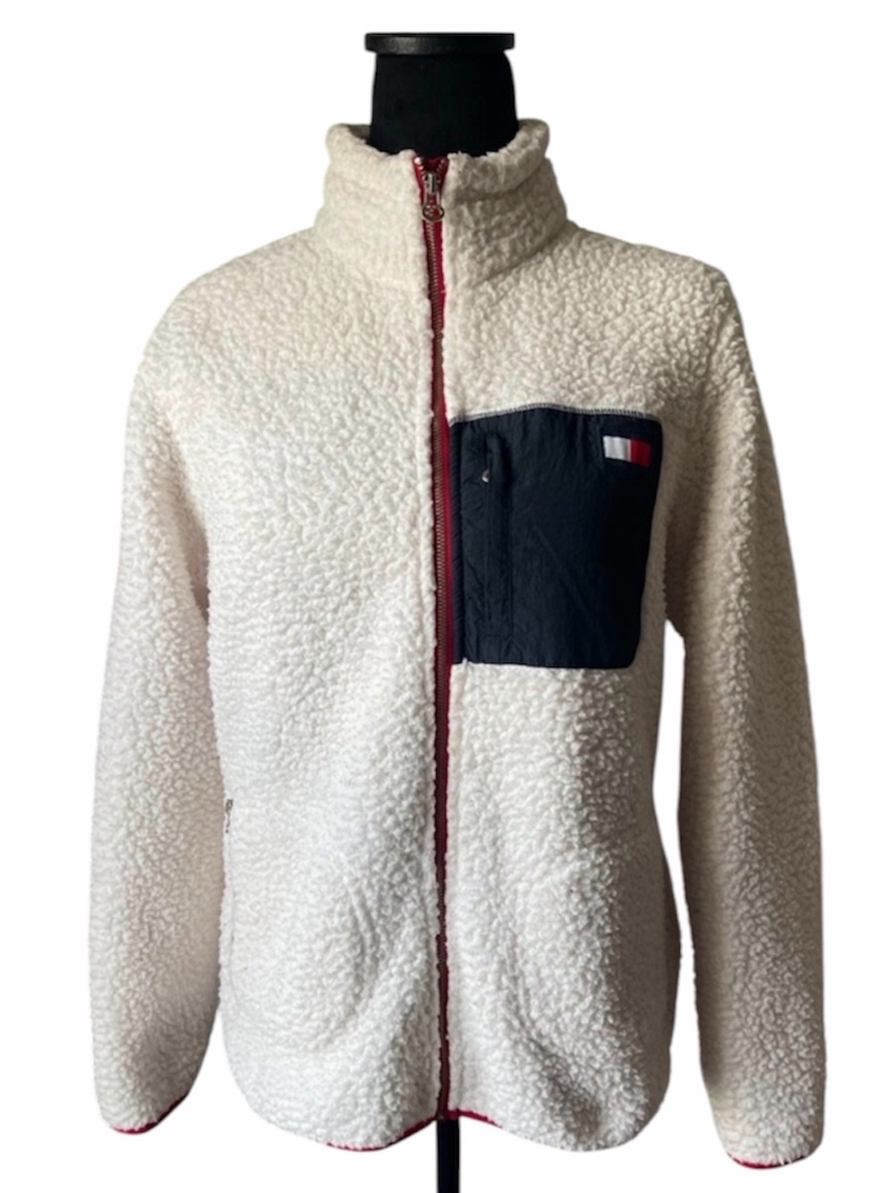 Tommy Hilfiger White Sherpa Fleece Jacket with Navy Pocket